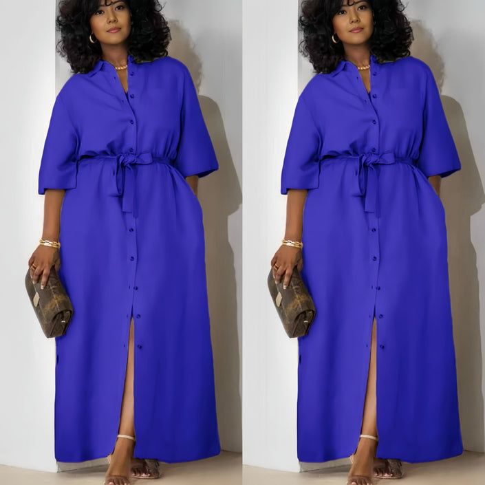 Blue belted midi dress with short sleeves and button-front placket