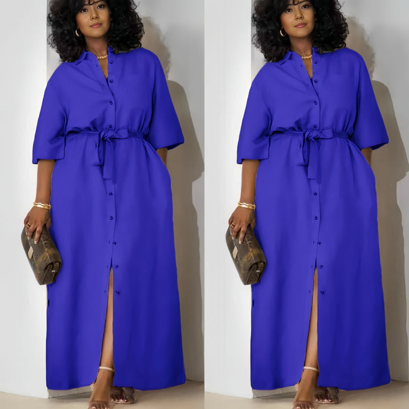 Blue belted midi dress with short sleeves and button-front placket