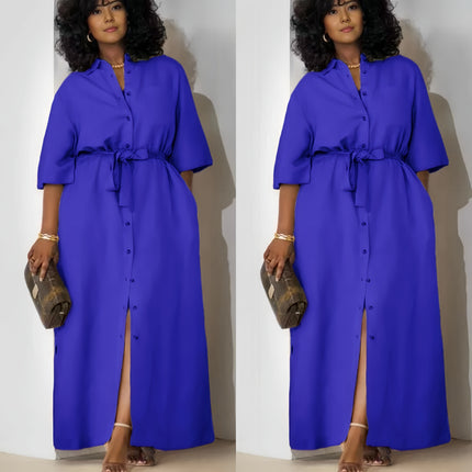 Simple Mid-Sleeve Belted Long Dress