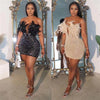 Feather-embellished mini dress in black and nude, sequin with feather trim