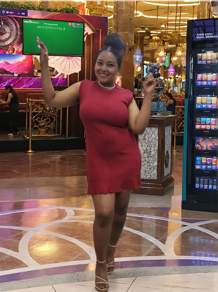 Sleeveless knit mini dress in maroon with flared ruffle hem