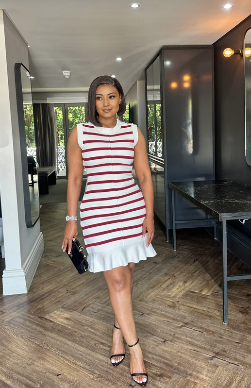 Sleeveless knit mini dress with red-and-white stripes and white ruffle skirt hem