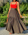 Twin set maxi skirt: red sleeveless top and dark navy floral print skirt