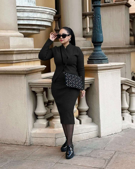 Black knit twin set midi skirt with crossover collar, button placket, long sleeves