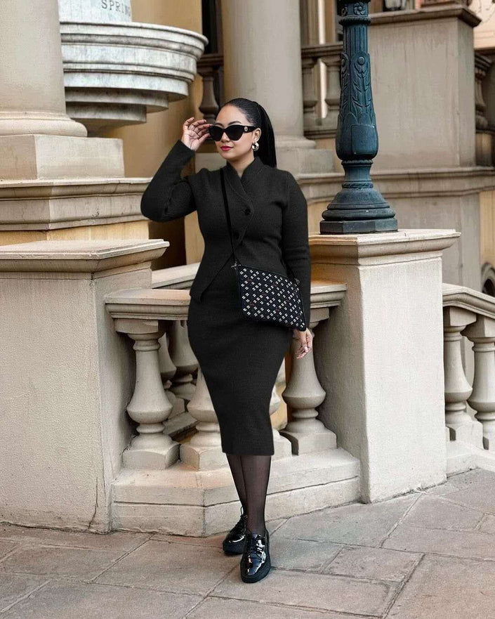 Knitted Two-Piece Set Crossover Collar Pencil Skirt Chic