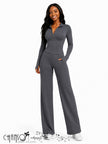 Grey zip-front fitted cropped tracksuit set with wide-leg straight pants.
