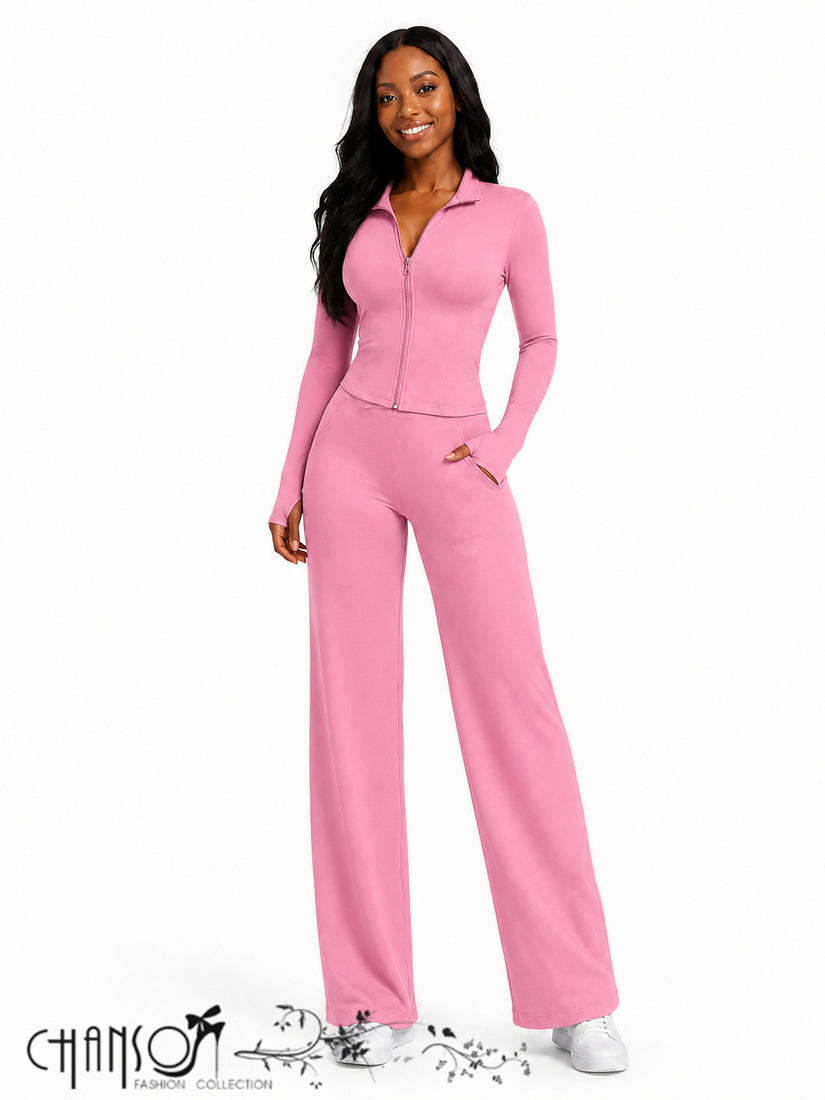 Pink zip-front fitted cropped tracksuit set with wide-leg straight pants.