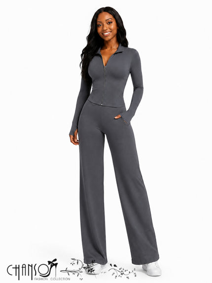 Grey zip-front fitted cropped tracksuit set with wide-leg straight pants.