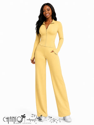 Yellow zip-front fitted cropped tracksuit set with wide-leg straight pants.