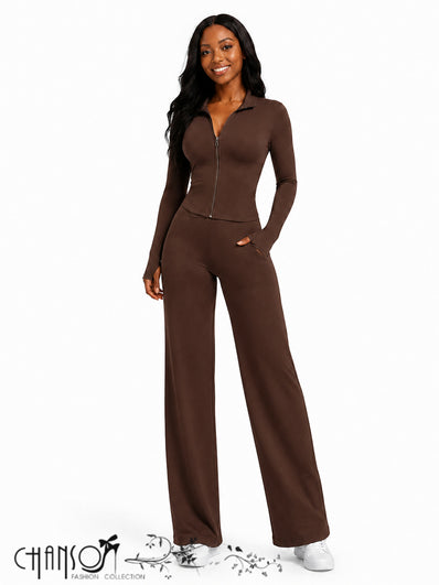 Coffee-brown zip-front fitted cropped tracksuit set with wide-leg straight pants.