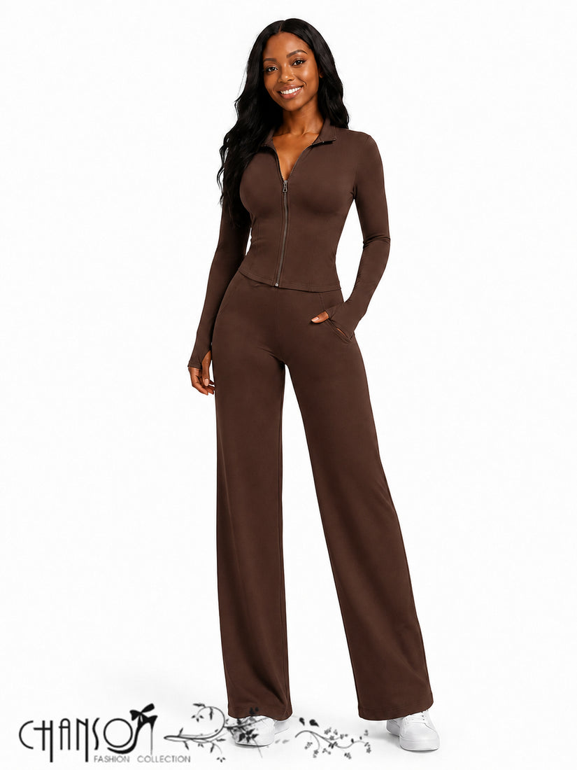 Coffee-brown zip-front fitted cropped tracksuit set with wide-leg straight pants.