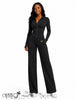 Black zip-front fitted cropped tracksuit set with wide-leg pants.