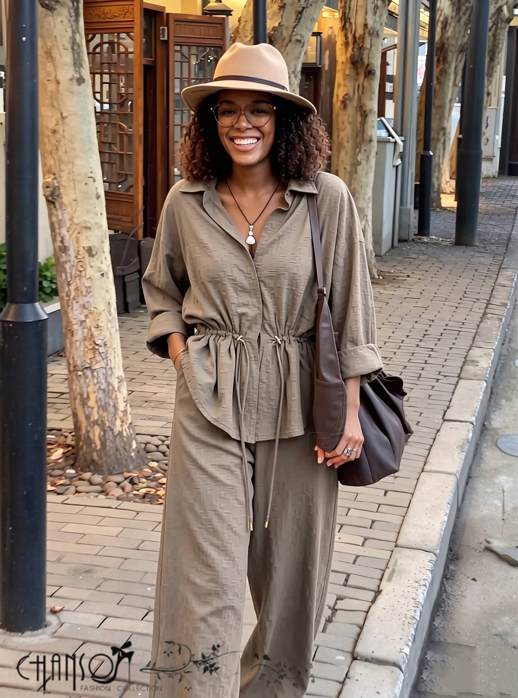 Two Piece Outfit Collared Drawstring Waist Shirt Wide Leg Pant Daily Office Set