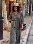 Two Piece Outfit Collared Drawstring Waist Shirt Wide Leg Pant Daily Office Set