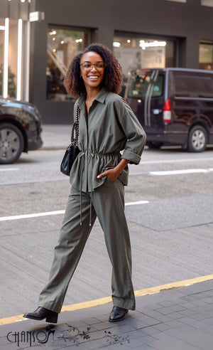 Olive collared drawstring two-piece set with long sleeve peplum top and wide-leg pants