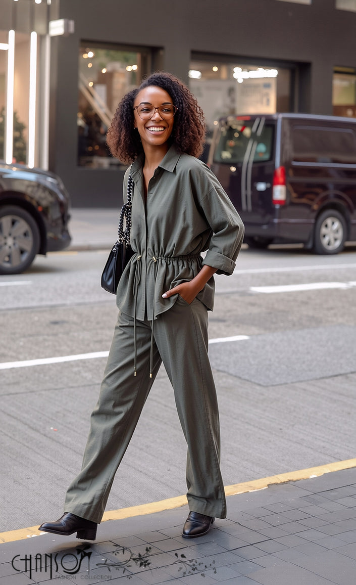 Olive collared drawstring two-piece set with long sleeve peplum top and wide-leg pants
