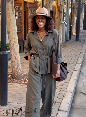 Coffee collared drawstring two-piece set with peplum top and wide-leg pants, tied waist