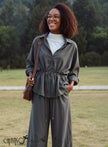 Two Piece Outfit Collared Drawstring Waist Shirt Wide Leg Pant Daily Office Set