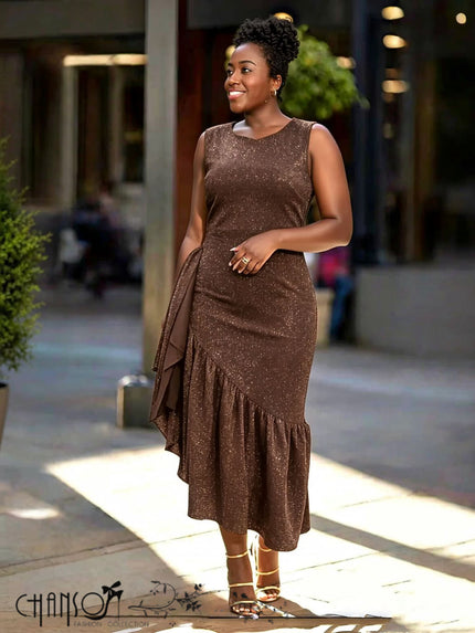 Brown glitter sleeveless asymmetrical midi dress with draped sleeve detail and tiered skirt