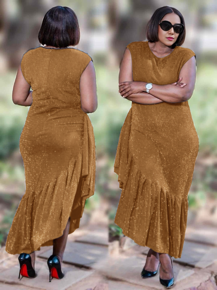 Gold glitter asym midi dress, sleeveless with draped side and gathered hem