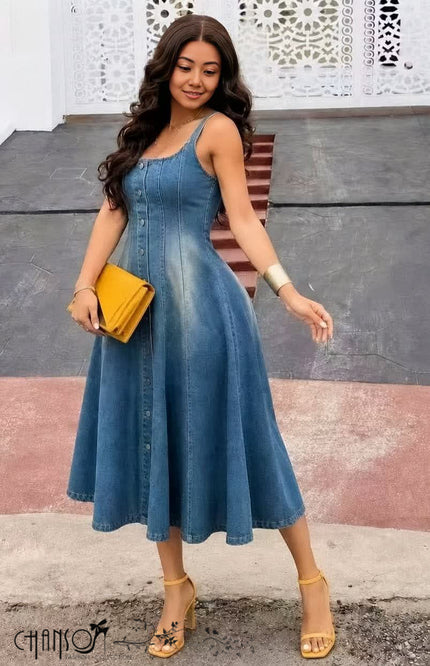 Blue denim midi dress, sleeveless button-front, flared skirt