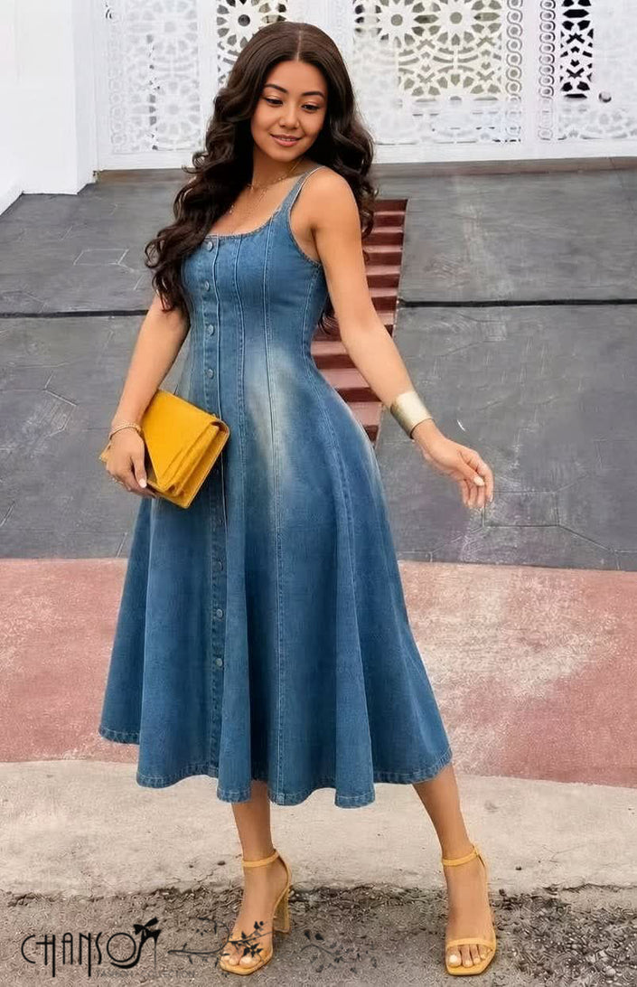 Blue denim midi dress, sleeveless button-front, flared skirt