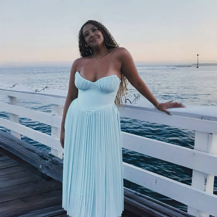 Light-sky-blue pleated bustier maxi dress with sweetheart neckline and fitted bodice