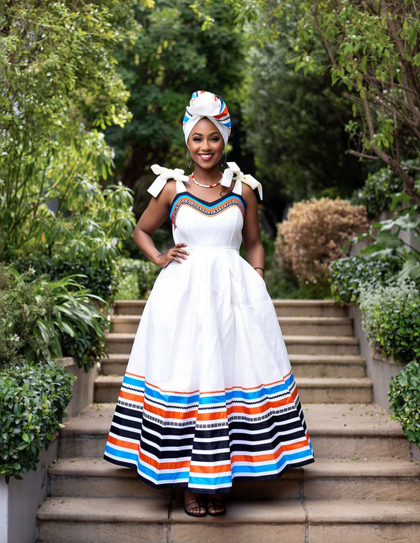 White traditional South African dress with striped hem detail on model outdoors