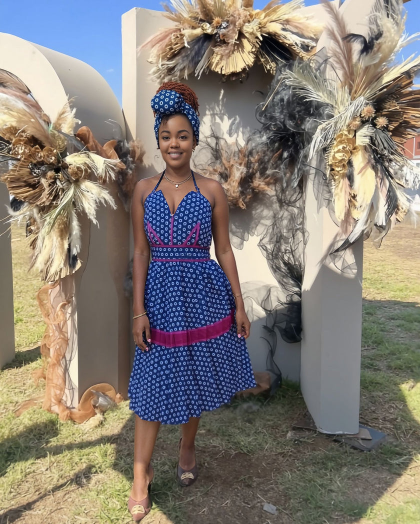 Women's Halter Flare Dress – Geometric Print,