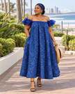 Blue printed off-shoulder midi dress with ruffle sleeves and a gathered, flowing skirt