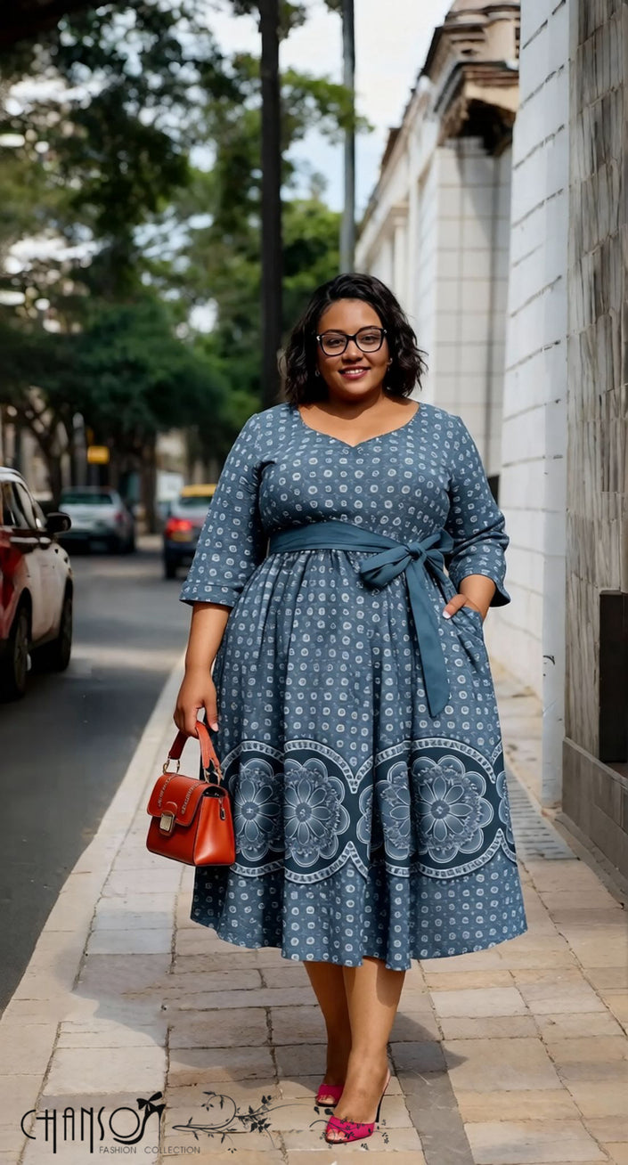 Blue midi A-line dress with V-neck, patterned print, and tied waist belt