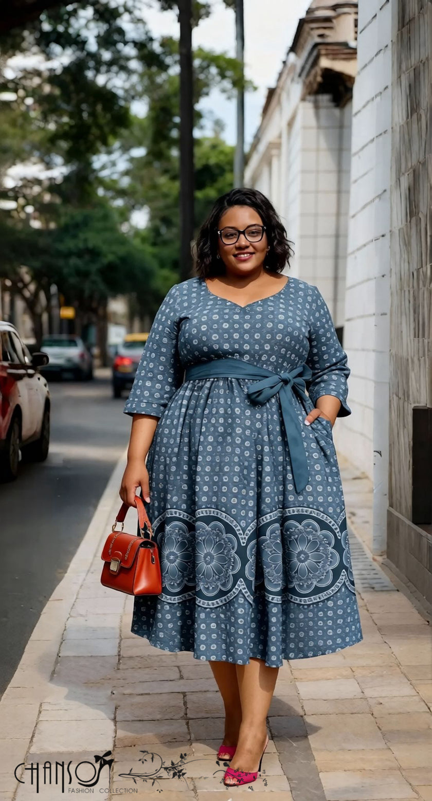Blue midi A-line dress with V-neck, patterned print, and tied waist belt