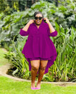 Purple high-low tunic set with button front and matching shorts, long split sleeves