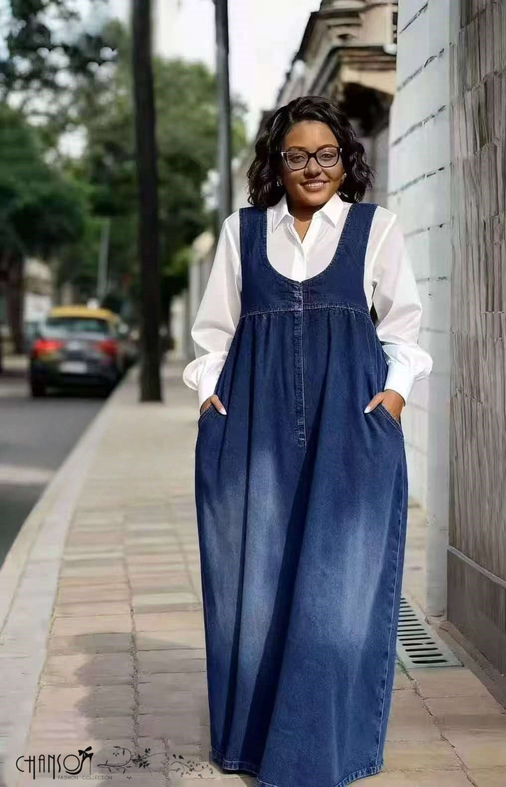 U Neck Sleeveless Denim Maxi Overall Dress Side Pocket Loose Casual Daily Wear