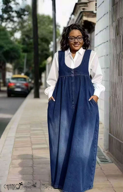 Blue denim u-neck sleeveless maxi overall dress with side pockets, loose fit