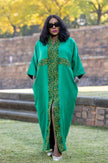 Teal-green maxi slit dress with gold tribal motif V-neck and front slit