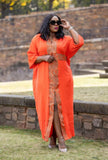 Bright orange maxi slit dress with beige tribal panel V-neck and front slit