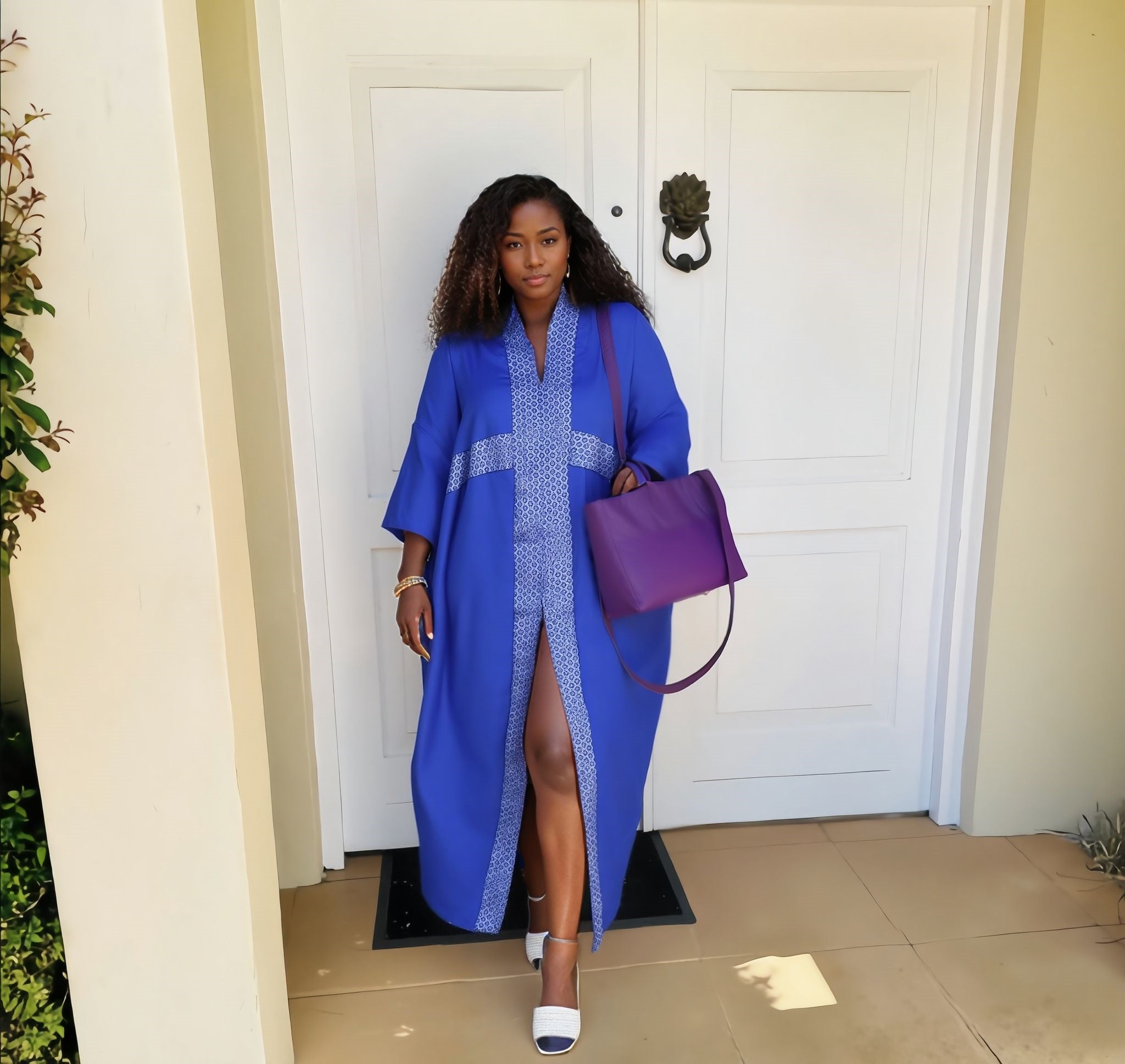 Blue maxi slit dress with light tribal panel V-neck and front side slit