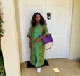 Green maxi slit dress with gold tribal motif V-neck and front side slit