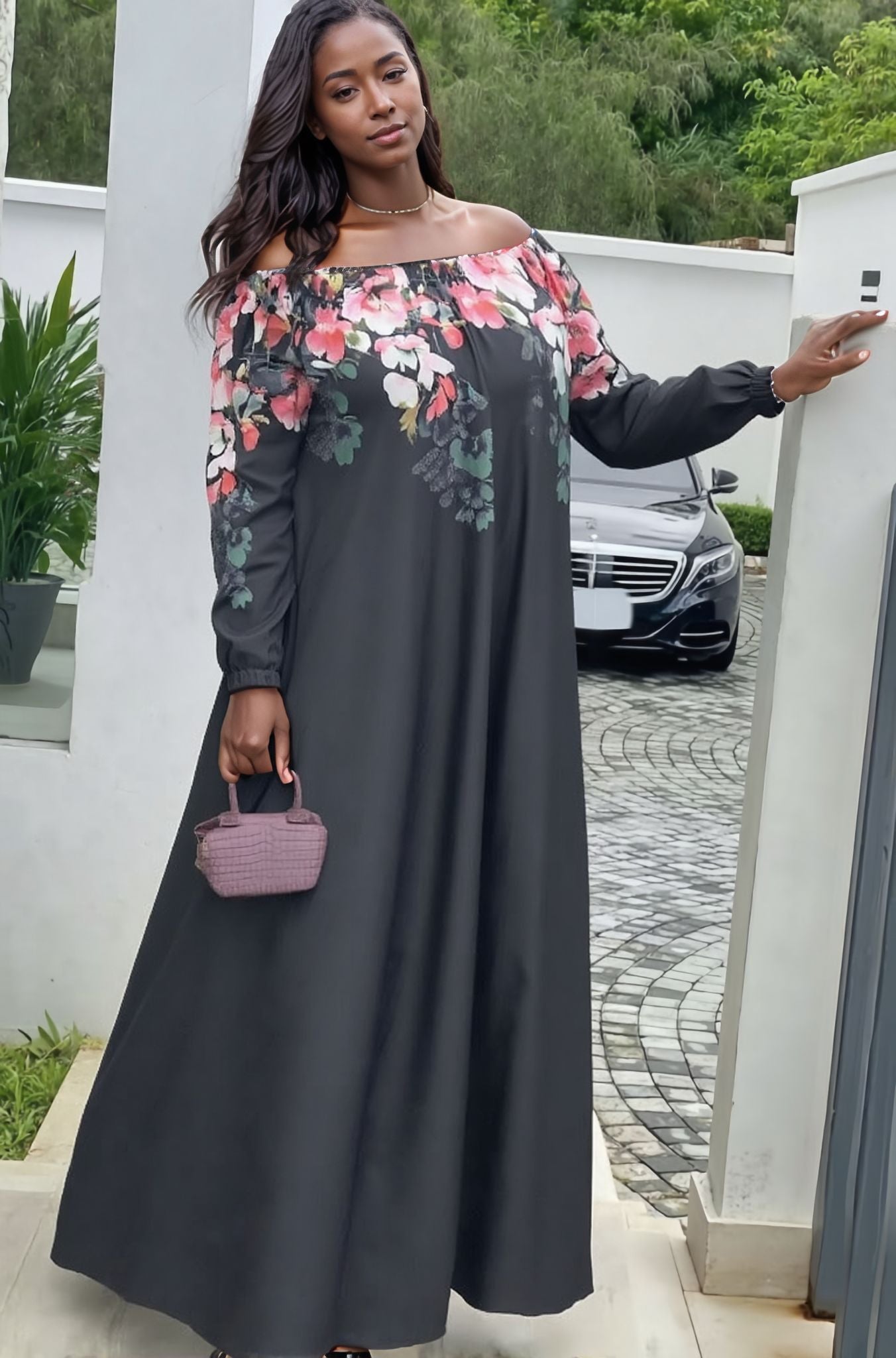 Off-Shoulder Fitted Maxi Dress with Floral Embroidery Bodice – Elegant Silhouette