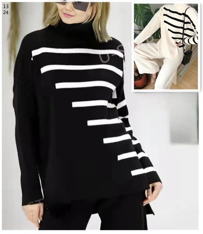 Two-piece striped knit pullover and trousers set, black with white stripes, high neck, long sleeves