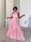 Halter neck ruffled flowy maxi evening dress in two colour options - view 3
