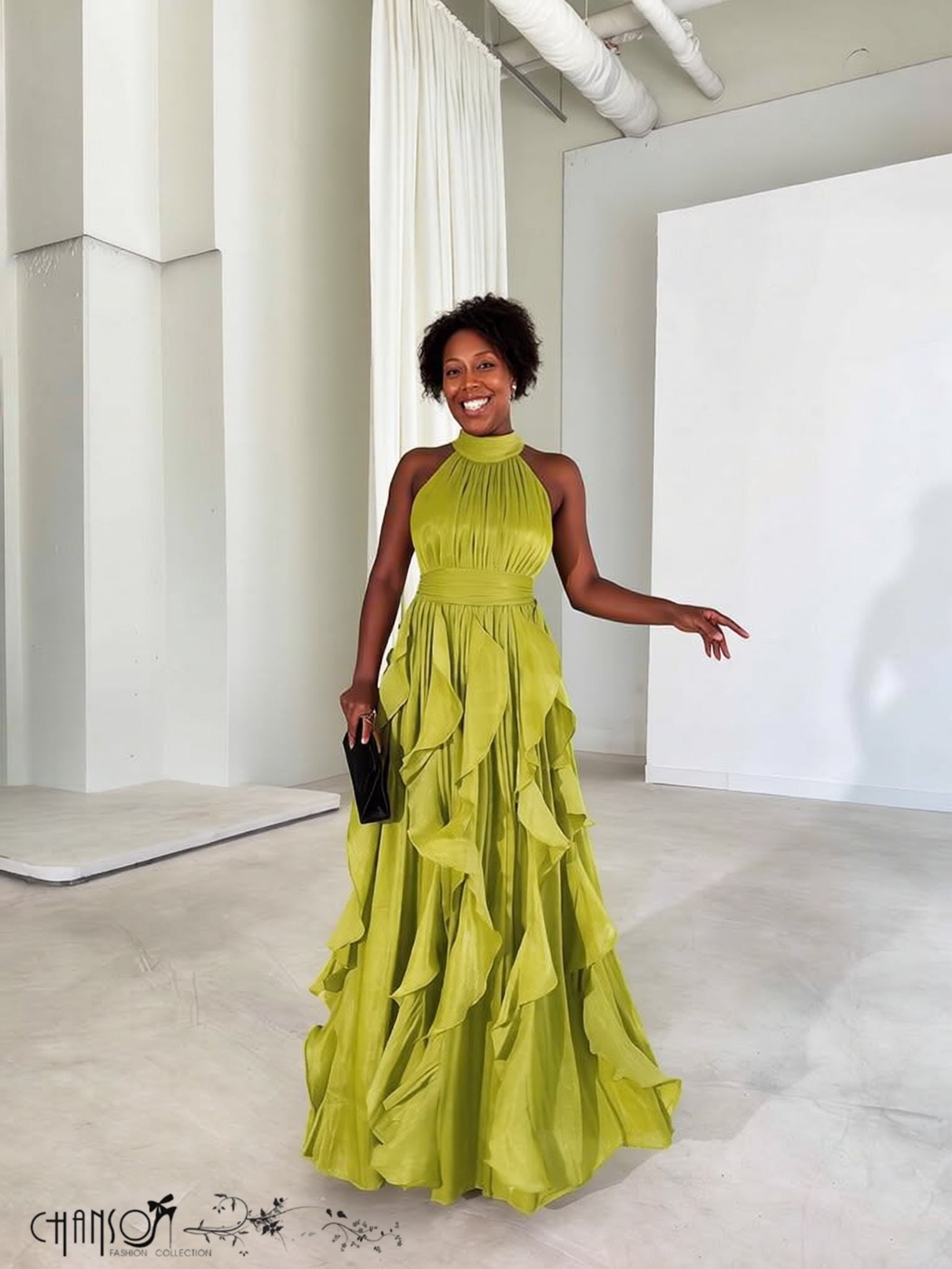 Halter neck ruffled flowy maxi evening dress in two colour options - view 2