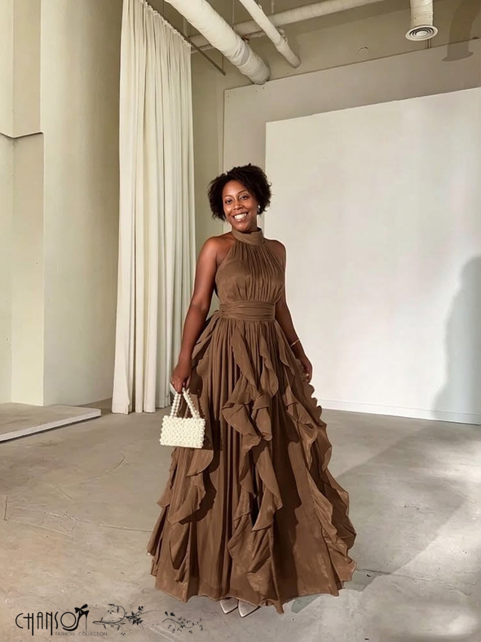 Halter neck ruffled flowy maxi evening dress in two colour options - view 1