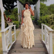 Halter neck ruffled flowy maxi evening dress in two colour options - view 4