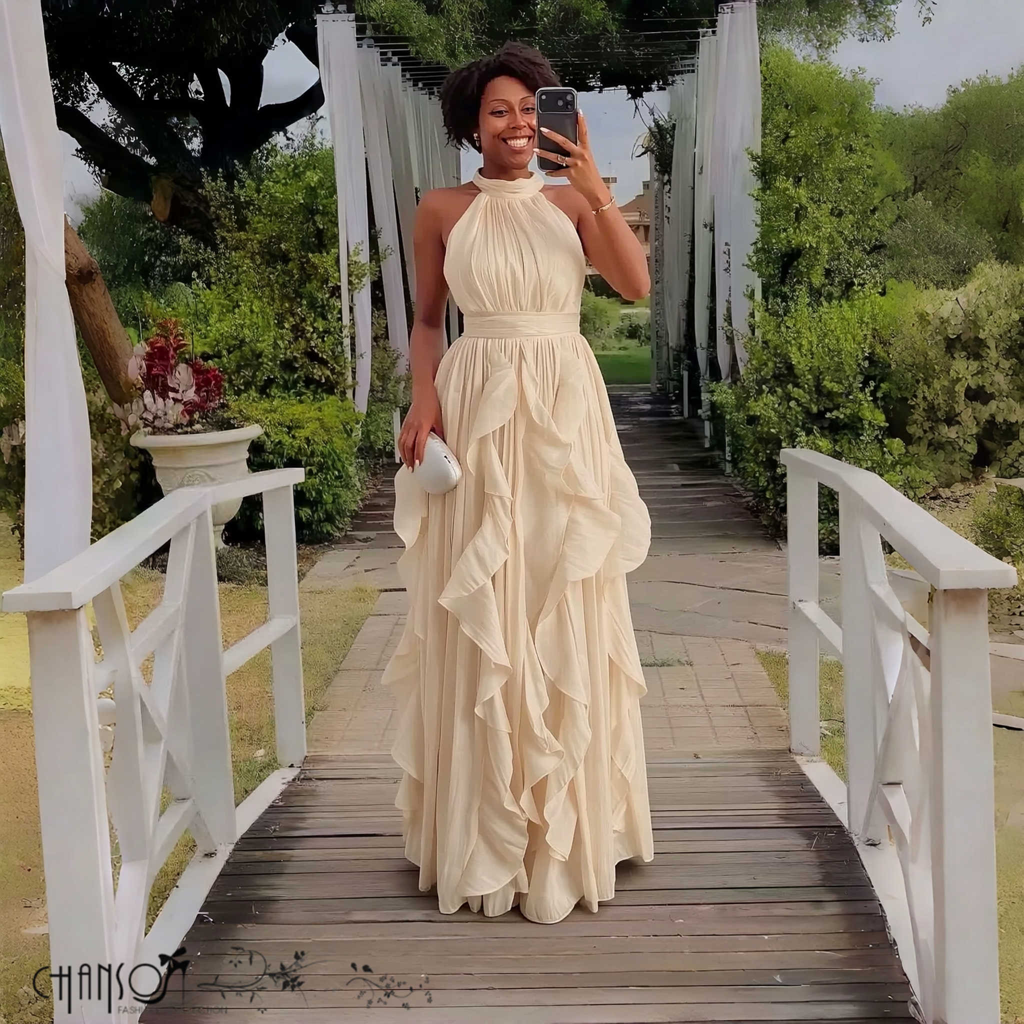 Halter neck ruffled flowy maxi evening dress in two colour options - view 4