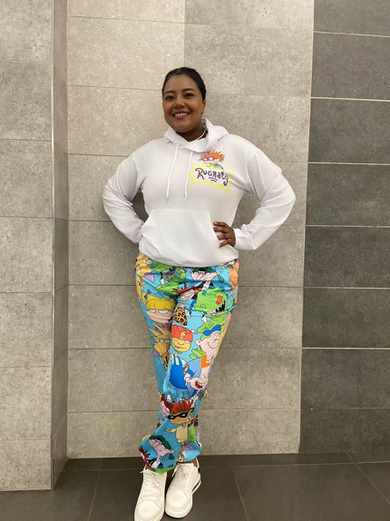 Cartoon hoodie and pants twin set, white hooded sweatshirt with graphic logo; cartoon print jogger pants