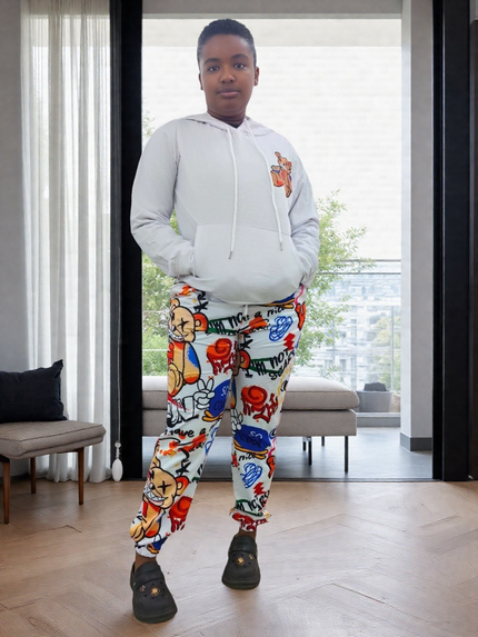 Cartoon hoodie and pants twin set, light gray hooded top with logo; white cartoon print joggers
