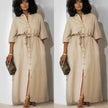 Simple Mid-Sleeve Belted Long Dress