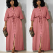 Simple Mid-Sleeve Belted Long Dress